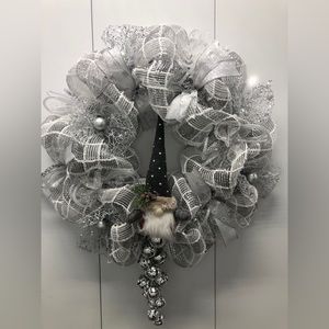 Handmade Gnome Deco Mesh Wreath Silver White Grey Bells Winter Christmas Snow